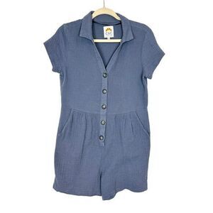 C&C California Romper Medium Blue Gauze Cotton Waffle Button Up Anthropologie